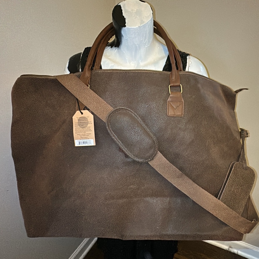 BELLEMONDE Beige Brown Vegan Leather Large Carry On Travel Weekender Duffle Bag